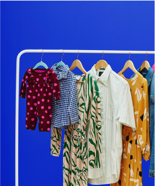 image of clothes on rack, blue background
